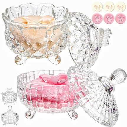 8 PCS Body Powder Puffs and 2 Containers, 3.5 Inch Soft Washable Velour Puff with 4.5" Crystal Dish, Glass Jar for Reusable Loose Puffs, Setting Makeup Face.