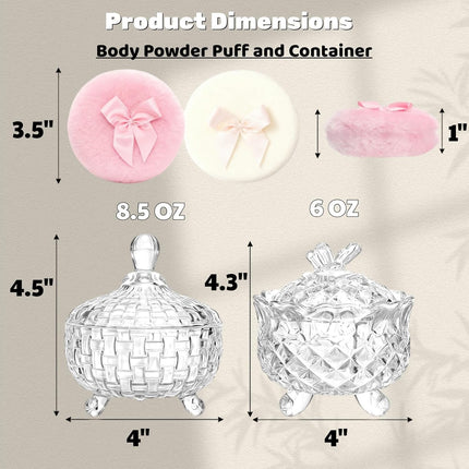 8 PCS Body Powder Puffs and 2 Containers, 3.5 Inch Soft Washable Velour Puff with 4.5" Crystal Dish, Glass Jar for Reusable Loose Puffs, Setting Makeup Face.