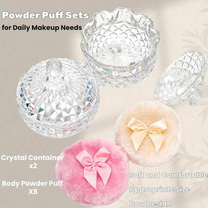 8 PCS Body Powder Puffs and 2 Containers, 3.5 Inch Soft Washable Velour Puff with 4.5" Crystal Dish, Glass Jar for Reusable Loose Puffs, Setting Makeup Face.