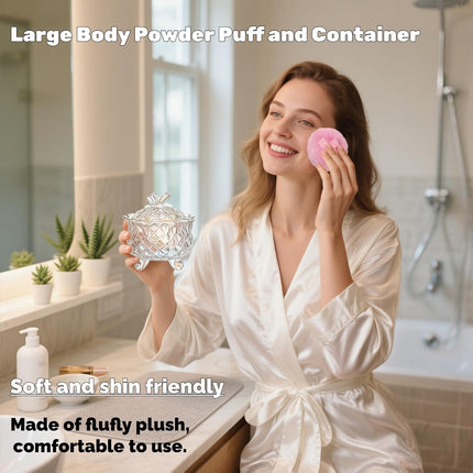 8 PCS Body Powder Puffs and 2 Containers, 3.5 Inch Soft Washable Velour Puff with 4.5" Crystal Dish, Glass Jar for Reusable Loose Puffs, Setting Makeup Face.
