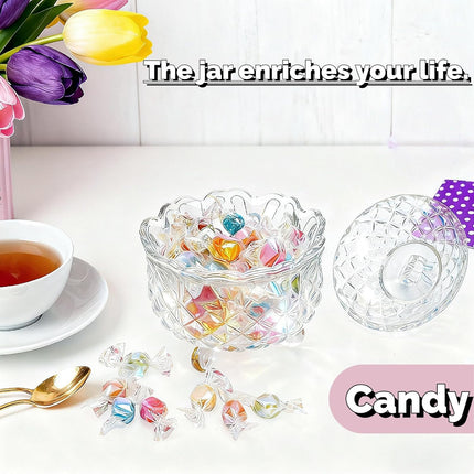 8 PCS Body Powder Puffs and 2 Containers, 3.5 Inch Soft Washable Velour Puff with 4.5" Crystal Dish, Glass Jar for Reusable Loose Puffs, Setting Makeup Face.