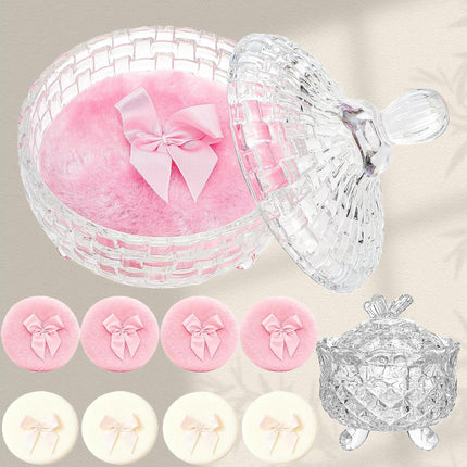 8 PCS Body Powder Puffs and 2 Containers, 3.5 Inch Soft Washable Velour Puff with 4.5" Crystal Dish, Glass Jar for Reusable Loose Puffs, Setting Makeup Face.