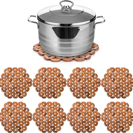 8 Pack Bamboo Trivet Mat, Hot Plate Pad, Heat Resistant Table Counter Protector, Coaster for Tea Coffee Pot Plates Pans Bowls, Festive Design Décor, Kitchen Gift Idea.