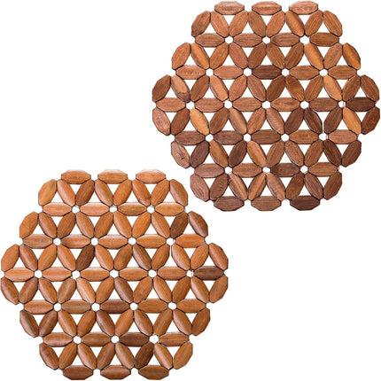 8 Pack Bamboo Trivet Mat, Hot Plate Pad, Heat Resistant Table Counter Protector, Coaster for Tea Coffee Pot Plates Pans Bowls, Festive Design Décor, Kitchen Gift Idea.