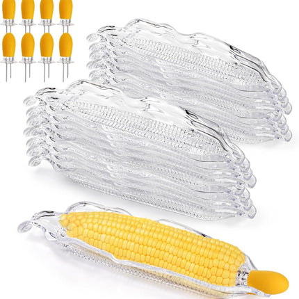 18 Pcs Corn Dish Set, Clear Plastic Tray with 8 Cob Holders, Transparent on The Dinnerware Barbecue Service Stainless Steel Skewer Needle for Sweet Butter.