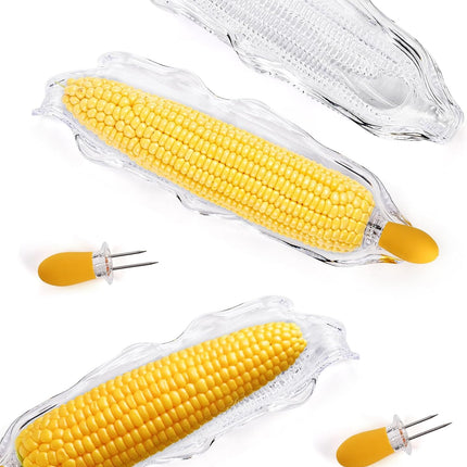 18 Pcs Corn Dish Set, Clear Plastic Tray with 8 Cob Holders, Transparent on The Dinnerware Barbecue Service Stainless Steel Skewer Needle for Sweet Butter.