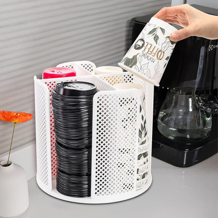 2 Pack Paper Cup & Lid Holder, Rotating Coffee Cups Dispenser with 4 Compartments, Plastic Disposable Storage Organizer for Countertop Bathroom Station Bar Kitchen Office (White).