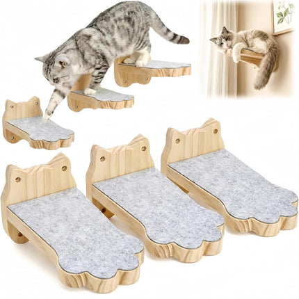 3 Pack Wood Cat Wall Steps, Mounted Cats Shelves with Non Slip Felt Mat, Floating Kittens Furniture Shelf, Perches Tree for Adult Climbing, Jumping, Lounging, Holds up 30lbs.
