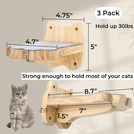3 Pack Wood Cat Wall Steps, Mounted Cats Shelves with Non Slip Felt Mat, Floating Kittens Furniture Shelf, Perches Tree for Adult Climbing, Jumping, Lounging, Holds up 30lbs.