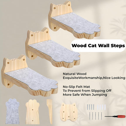 3 Pack Wood Cat Wall Steps, Mounted Cats Shelves with Non Slip Felt Mat, Floating Kittens Furniture Shelf, Perches Tree for Adult Climbing, Jumping, Lounging, Holds up 30lbs.