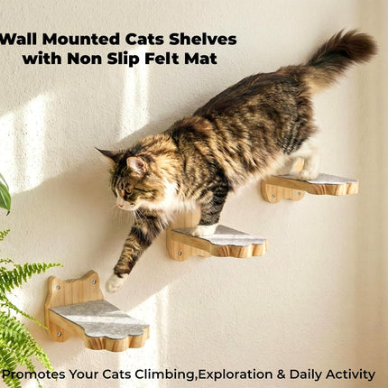 3 Pack Wood Cat Wall Steps, Mounted Cats Shelves with Non Slip Felt Mat, Floating Kittens Furniture Shelf, Perches Tree for Adult Climbing, Jumping, Lounging, Holds up 30lbs.