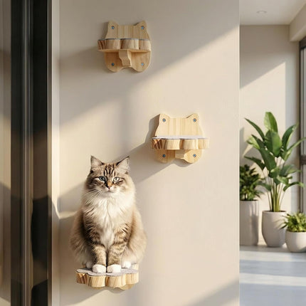3 Pack Wood Cat Wall Steps, Mounted Cats Shelves with Non Slip Felt Mat, Floating Kittens Furniture Shelf, Perches Tree for Adult Climbing, Jumping, Lounging, Holds up 30lbs.