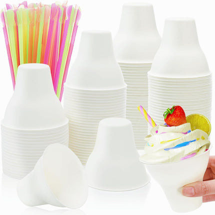 100 Pack Snow Cone Cups and Straws, 12 OZ Paper Cup with Colorful Spoon Straw, Leak-proof Shaved Ice Holder, Disposable Cream Bowls for Party Event Water Cooler.