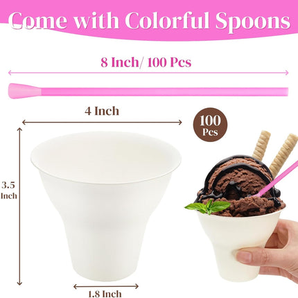 100 Pack Snow Cone Cups and Straws, 12 OZ Paper Cup with Colorful Spoon Straw, Leak-proof Shaved Ice Holder, Disposable Cream Bowls for Party Event Water Cooler.