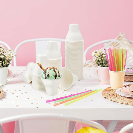 100 Pack Snow Cone Cups and Straws, 12 OZ Paper Cup with Colorful Spoon Straw, Leak-proof Shaved Ice Holder, Disposable Cream Bowls for Party Event Water Cooler.