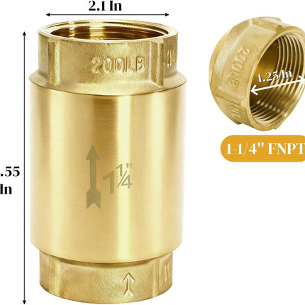 1-1/4 Inch Brass Check Valve, Universal One Way In Line Valves with Backflow Prevention, No Return Female Pipe Thread for Garden Hose Well Pumps Irrigation Systems, 1.25'' FNPT.