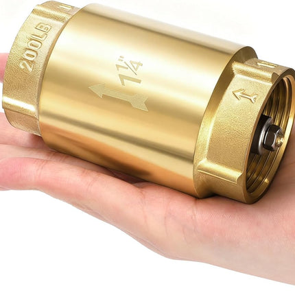 1-1/4 Inch Brass Check Valve, Universal One Way In Line Valves with Backflow Prevention, No Return Female Pipe Thread for Garden Hose Well Pumps Irrigation Systems, 1.25'' FNPT.