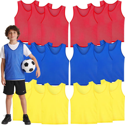 18 Packs Youth Team Pinnies, Kids Scrimmage Training Vest, Pennies, Jerseys Mesh Practice Vests for Basketball, Soccer, Football, Volleyball, 3 Colors.
