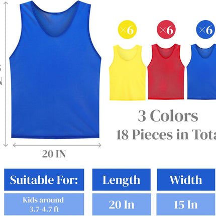 18 Packs Youth Team Pinnies, Kids Scrimmage Training Vest, Pennies, Jerseys Mesh Practice Vests for Basketball, Soccer, Football, Volleyball, 3 Colors.