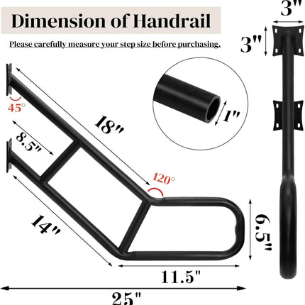 Handrails for Outdoor Steps, 25" Wall Mount U-Shaped Garage Railing, Heavy Duty Black Hand Rail 1-3 Step, One-Piece Design Iron Safety Grab Bars Elderly, Pregnant Women, Porch Deck.