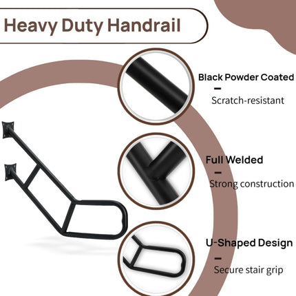 Handrails for Outdoor Steps, 25" Wall Mount U-Shaped Garage Railing, Heavy Duty Black Hand Rail 1-3 Step, One-Piece Design Iron Safety Grab Bars Elderly, Pregnant Women, Porch Deck.