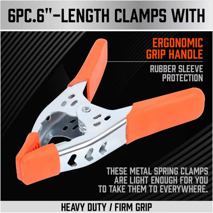 Spring Clamps - Set of 6 - 6 inch - Heavy Duty Spring Clamps - Metal Spring Clamps - Fastening Clamps - A-frame Clamps - Fastening Clamps for Woodworking - Jaw Opening 2.5 inch.