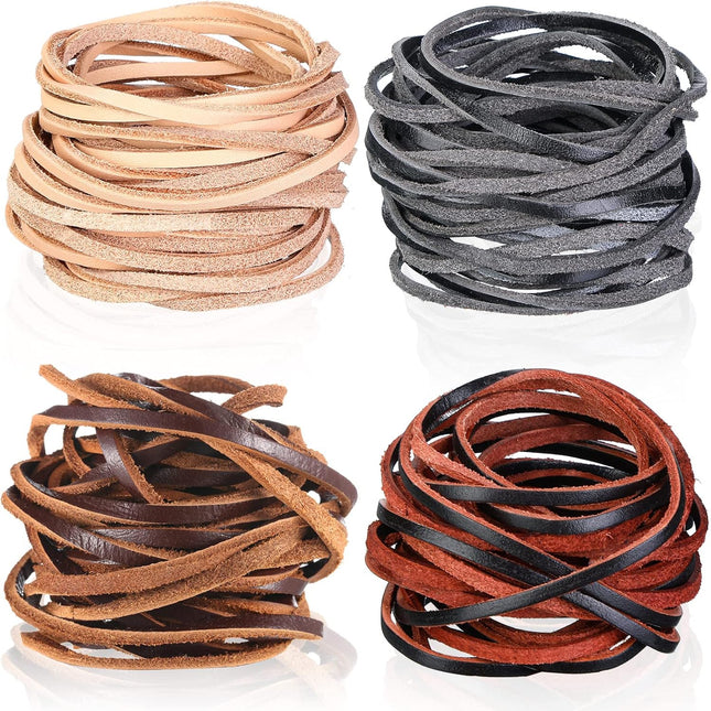 Cowhide rope - 4 rolls - 3mm - 5 meters - Real leather rope - Natural edge strip - Braided rope - Leather strip - DIY jewelry accessories - Braided bracelet - Handbag - 4 colours.