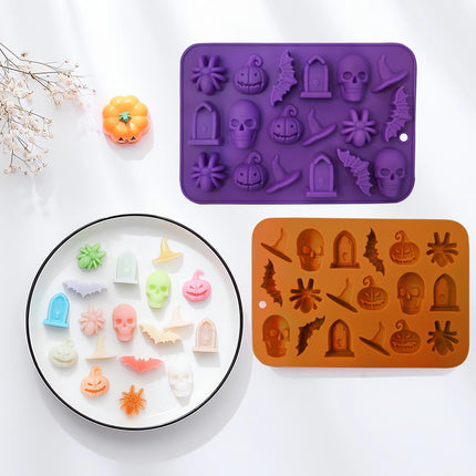 Halloween Molds - Silicone Molds - Chocolate Molds - 2-Pack - 3D Halloween Chocolate - Candy - Gummy Molds - Skull - Pumpkin - Bat - Ghost - Witch Hat - Spider - Tombstone - Shape Molds.