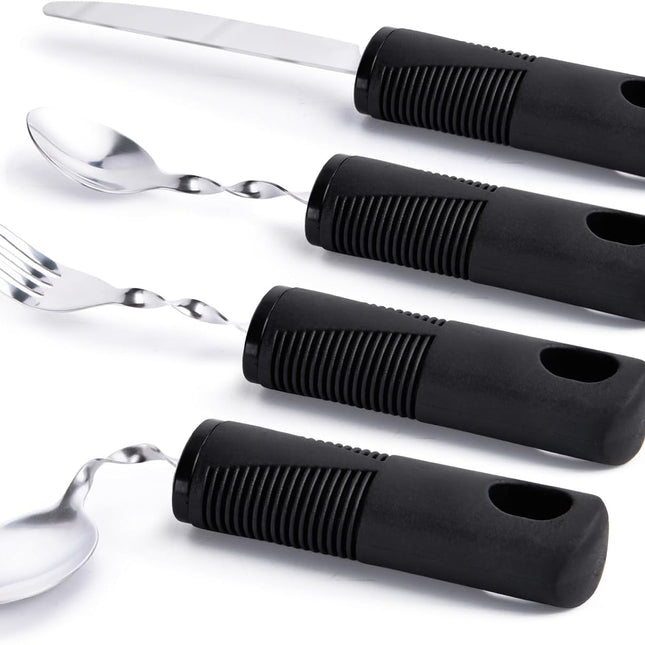 Foldable cutlery - Four-piece cutlery set - Weighted cutlery for hand tremors - Weighted silverware for Parkinson's disease patients - Arthritic hands - Stackable cutlery for adults - Adjustable cutlery - Black flexible cutlery.