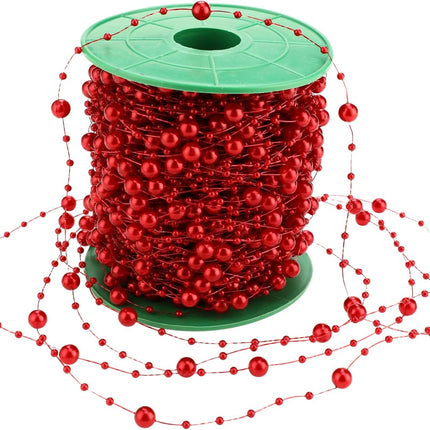Artificial pearl beads necklace - Pearl beads - Suitable for light blue weddings, bridal bouquets, DIY crafts, table decorations, Christmas decorations - Bright red - 60 meters.