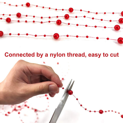 Artificial pearl beads necklace - Pearl beads - Suitable for light blue weddings, bridal bouquets, DIY crafts, table decorations, Christmas decorations - Bright red - 60 meters.