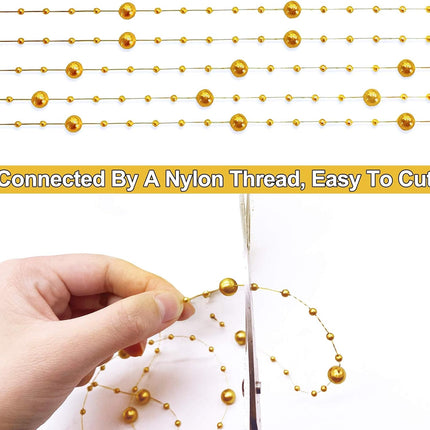 Artificial pearl beads chain - Pearl beads - Suitable for light blue weddings, bridal bouquets, DIY crafts, table decorations, Christmas decorations - Gold - 60 metres.