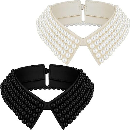 Ladies' Collar - 2-piece - Pearl Choker - Pearl Collar - Faux Collar - Women's - Fake Choker - Imitation Pearl - With Beads - Flap - Black + Beige.