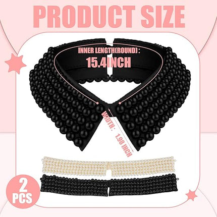 Ladies' Collar - 2-piece - Pearl Choker - Pearl Collar - Faux Collar - Women's - Fake Choker - Imitation Pearl - With Beads - Flap - Black + Beige.