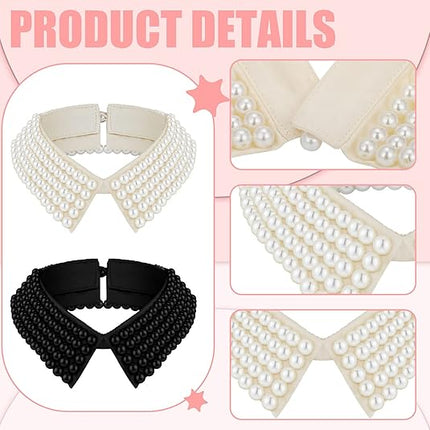 Ladies' Collar - 2-piece - Pearl Choker - Pearl Collar - Faux Collar - Women's - Fake Choker - Imitation Pearl - With Beads - Flap - Black + Beige.