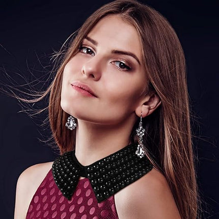 Ladies' Collar - 2-piece - Pearl Choker - Pearl Collar - Faux Collar - Women's - Fake Choker - Imitation Pearl - With Beads - Flap - Black + Beige.