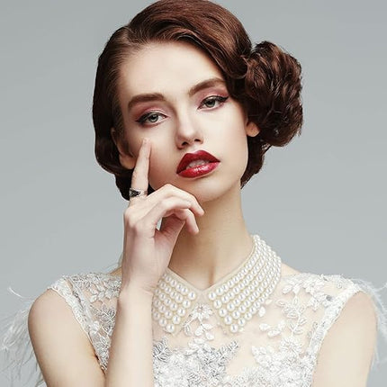 Ladies' Collar - 2-piece - Pearl Choker - Pearl Collar - Faux Collar - Women's - Fake Choker - Imitation Pearl - With Beads - Flap - Black + Beige.