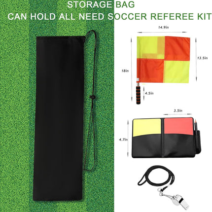 Soccer referee set - 2-piece blocked soccer flag - Red and yellow referee cards - With storage bag - Stainless steel whistle with black lanyard.