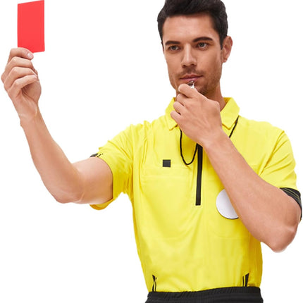 Soccer referee set - 2-piece blocked soccer flag - Red and yellow referee cards - With storage bag - Stainless steel whistle with black lanyard.