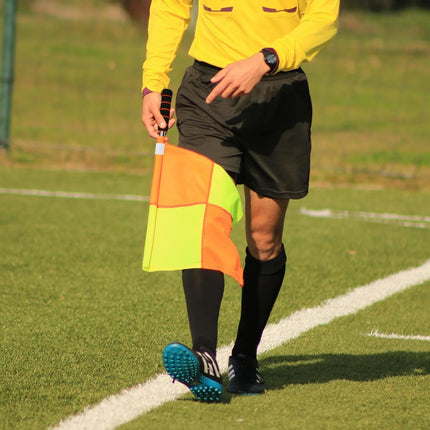 Soccer referee set - 2-piece blocked soccer flag - Red and yellow referee cards - With storage bag - Stainless steel whistle with black lanyard.