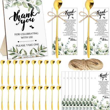 Party gifts - Wedding - Tea strainers - 25 pieces - Heart-shaped spoons - Stainless steel - Coffee and dessert spoons - Green plants for weddings - Thank you tape and string.
