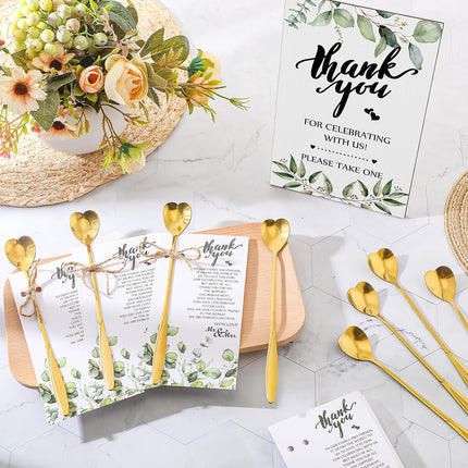 Party gifts - Wedding - Tea strainers - 25 pieces - Heart-shaped spoons - Stainless steel - Coffee and dessert spoons - Green plants for weddings - Thank you tape and string.