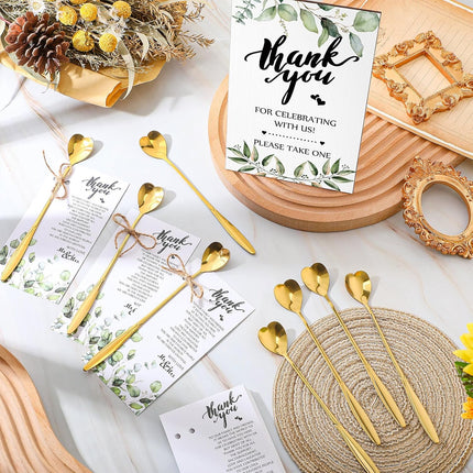 Party gifts - Wedding - Tea strainers - 25 pieces - Heart-shaped spoons - Stainless steel - Coffee and dessert spoons - Green plants for weddings - Thank you tape and string.
