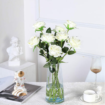 Artificial Flowers - 12 pieces - Rayon Flowers - Realistic Rose Bouquet - Long Stems - Suitable for Home - Wedding - Party - Decoration - White.