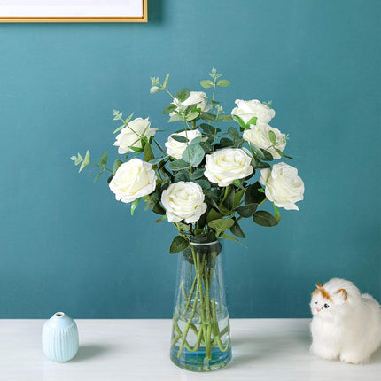 Artificial Flowers - 12 pieces - Rayon Flowers - Realistic Rose Bouquet - Long Stems - Suitable for Home - Wedding - Party - Decoration - White.