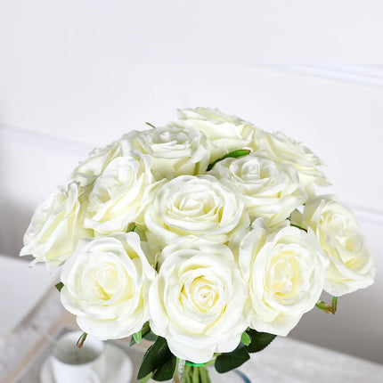 Artificial Flowers - 12 pieces - Rayon Flowers - Realistic Rose Bouquet - Long Stems - Suitable for Home - Wedding - Party - Decoration - White.