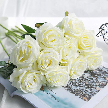 Artificial Flowers - 12 pieces - Rayon Flowers - Realistic Rose Bouquet - Long Stems - Suitable for Home - Wedding - Party - Decoration - White.