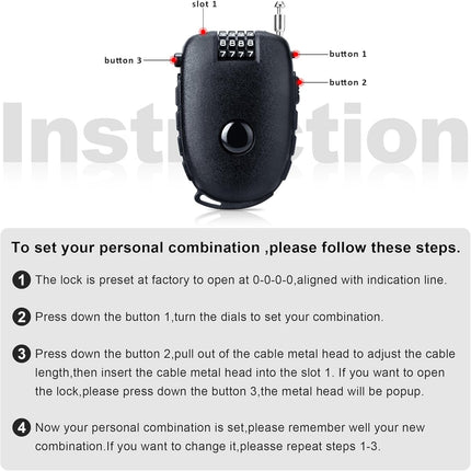Snowboardslot - 4-position combination 27.5 inch - retractable cable lock - for snowboards, bikes, luggage, backpacks, scooters, suitcases - small - multi-functional - travel security lock - black.