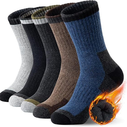 Heren walking socks - woolen socks - 5 pairs - fleece lined - thick - warm - winter socks with crew neck - suitable for cold weather.