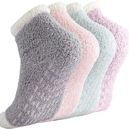 Non-slip socks - Coral fleece socks - with grip - lint-free - suitable for ladies - 4 pairs - gift.